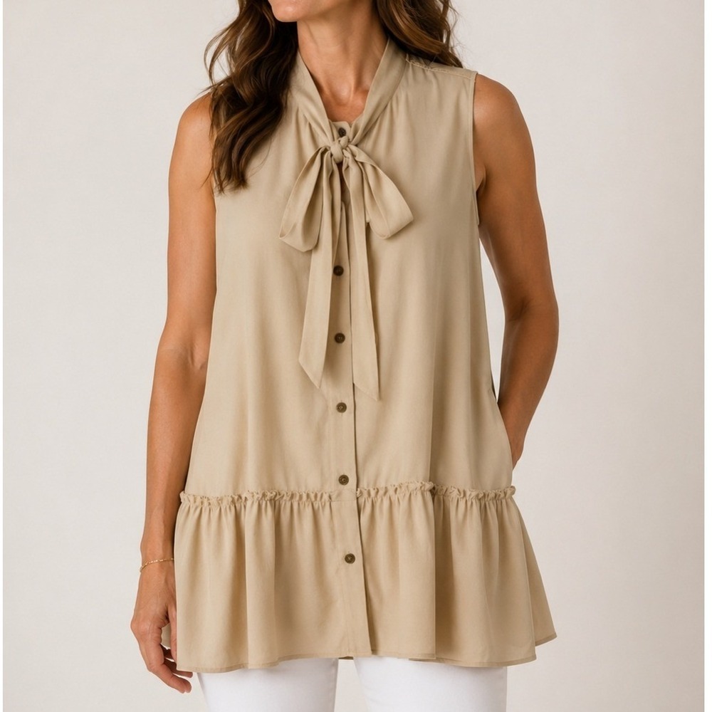 Rachel Roy Size M Tunic Long Blouse Beige Sleeveless‎ V-neck Tie Front Peplum